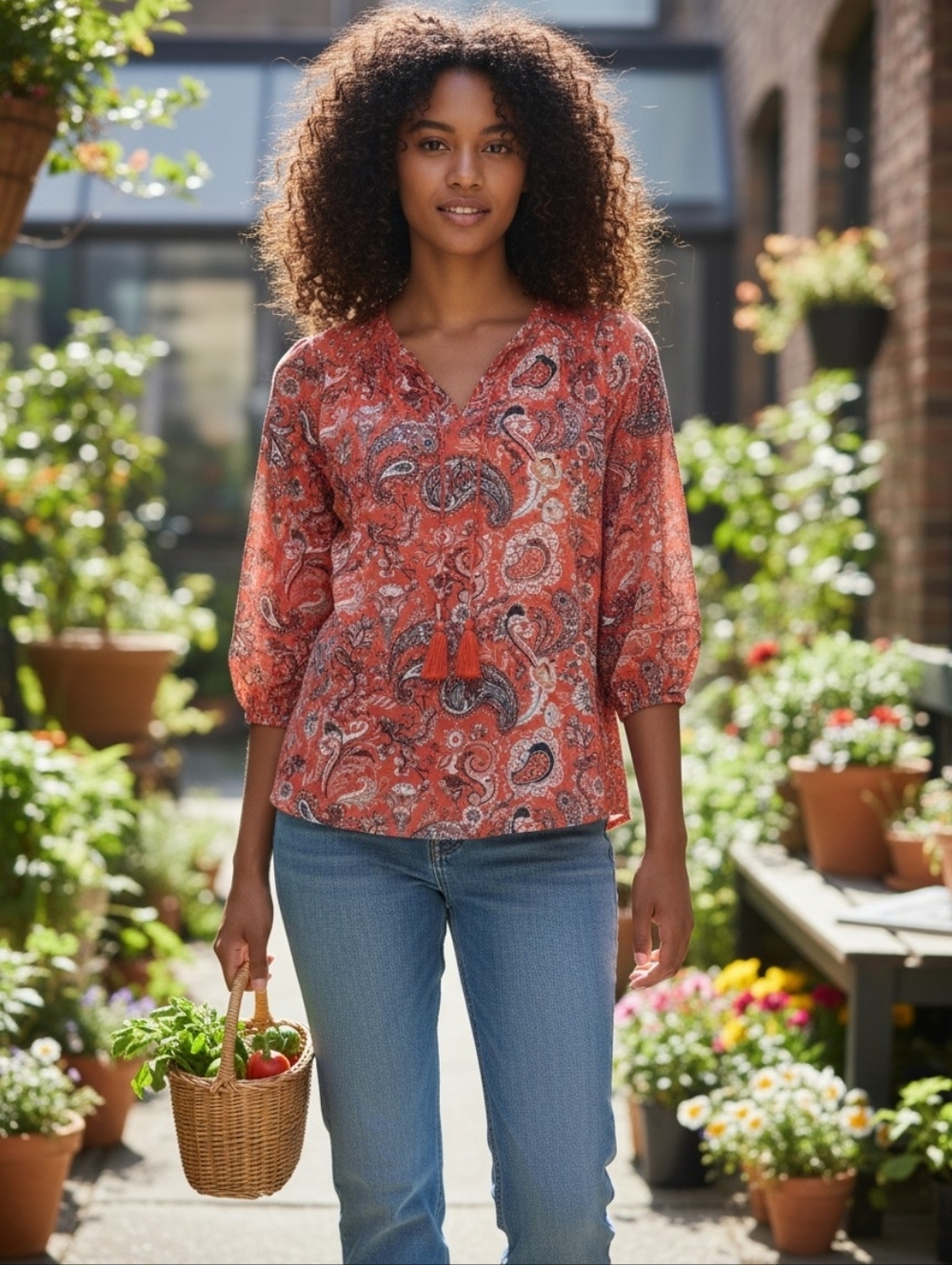 Farmers Market Women's Paisley Tie-Neck Blouse in Coral Size L
